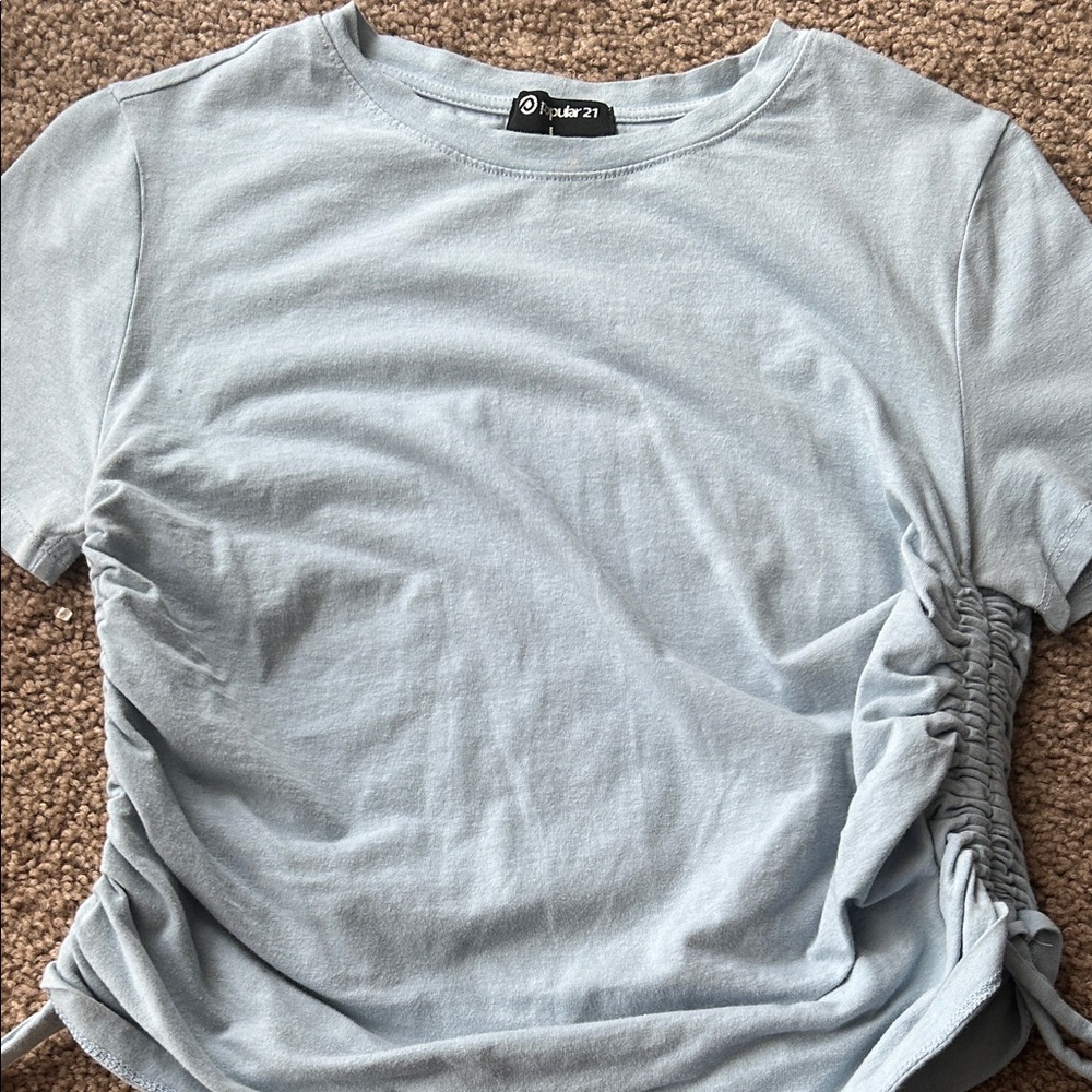 Forever 21 Sky Blue Ruched Short Sleeve Top